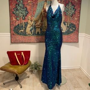 fitted lace wedding dress Feather Beaded Long Mermaid Dress by LaDivine CC2308 – The Dress Outlet main image 1
